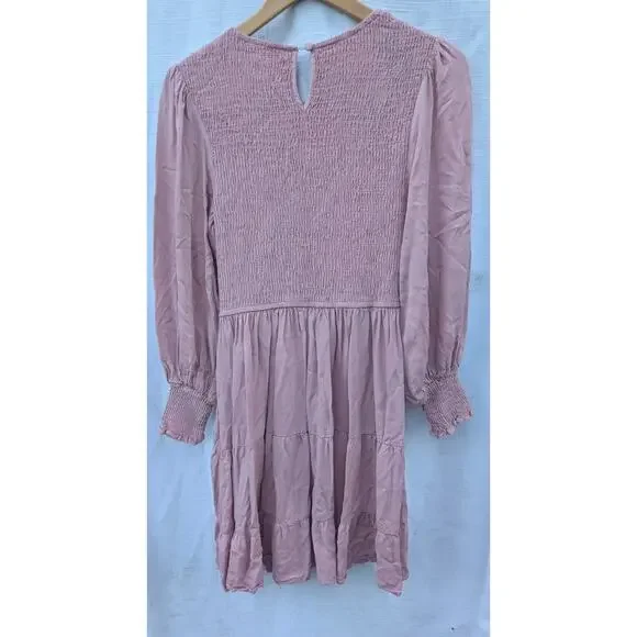 Merokeety Women's‎ Pink Smocked Dress Sz M Balloon Sleeve Tiered Pink feminine - Picture 3 of 5